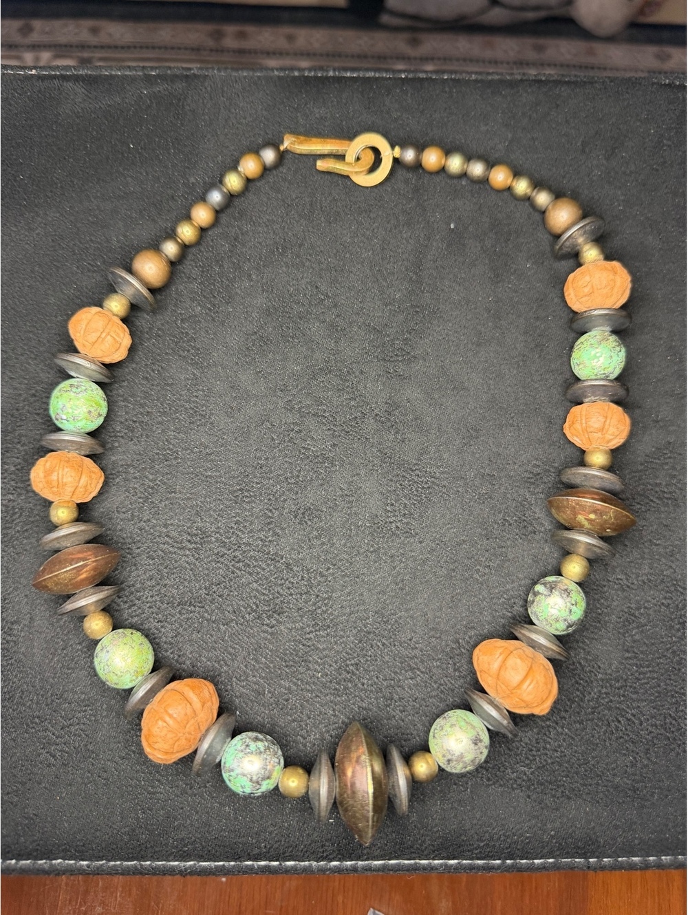 Vintage Boho Chunky Wooden Bead Statement Necklace Green Orange Earthy